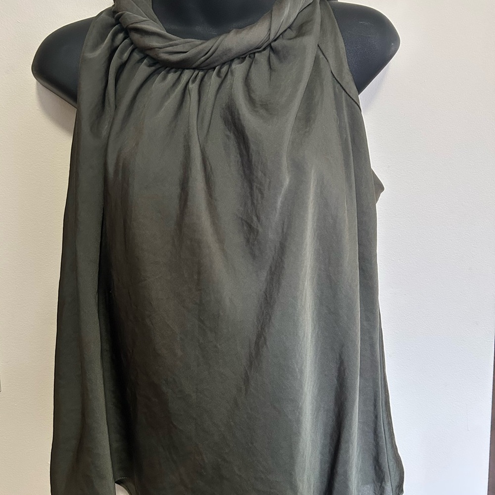 Talbots Dark Olive Sleeveless Blouse Rope Neckline, size 16P